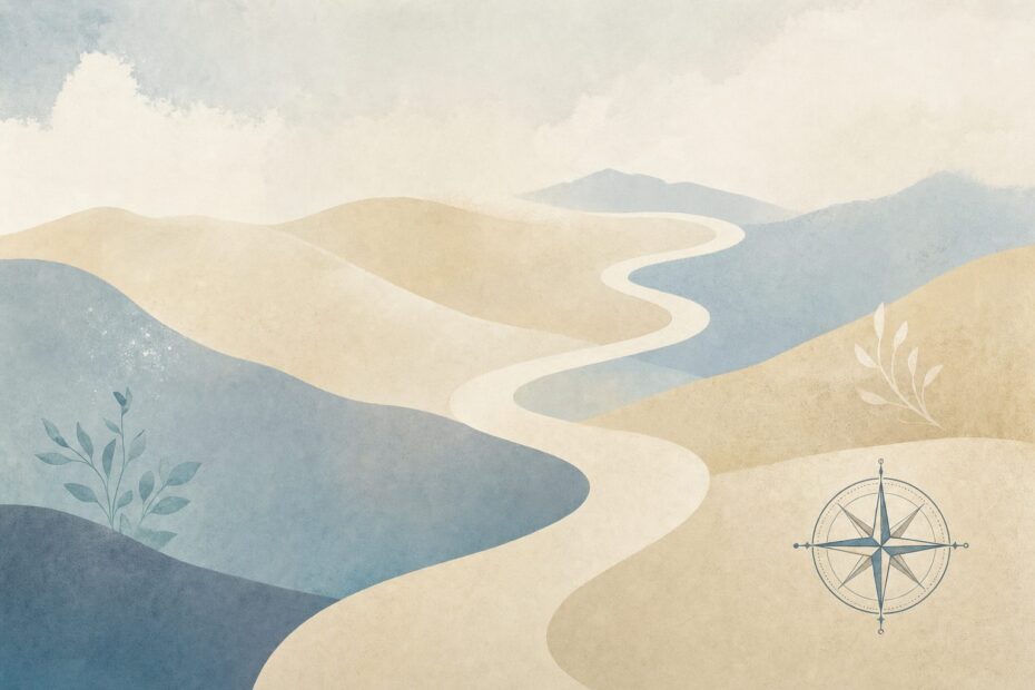 Abstract illustration of a winding path descending gently through soft parchment-colored hills, suggesting a taper paced by the person walking it