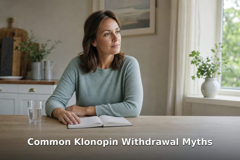 A woman sits at a kitchen table with a notebook, thinking carefully about what she has been told about Klonopin withdrawal