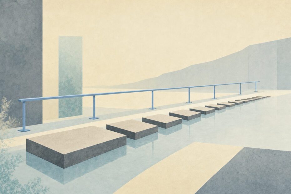 Pale square stepping stones crossing calm water beside a long powder blue rail