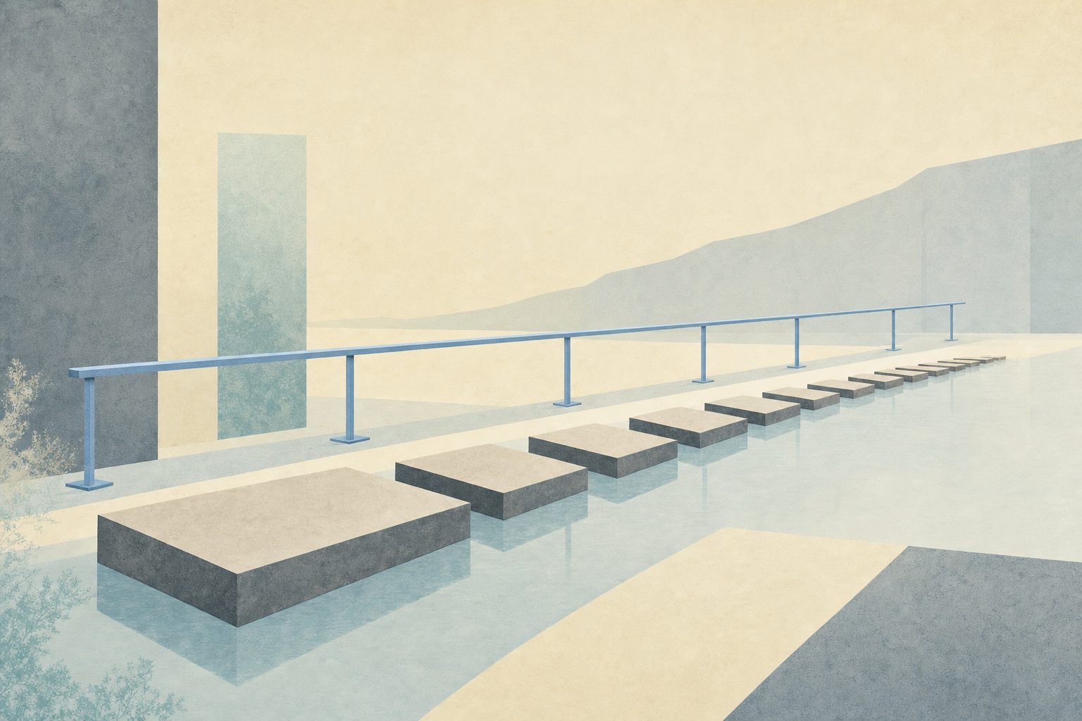Pale square stepping stones crossing calm water beside a long powder blue rail