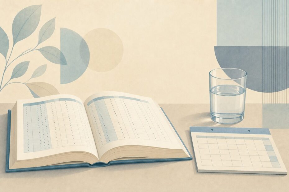 An open reference book beside a calendar and a small glass of water on a plain desk