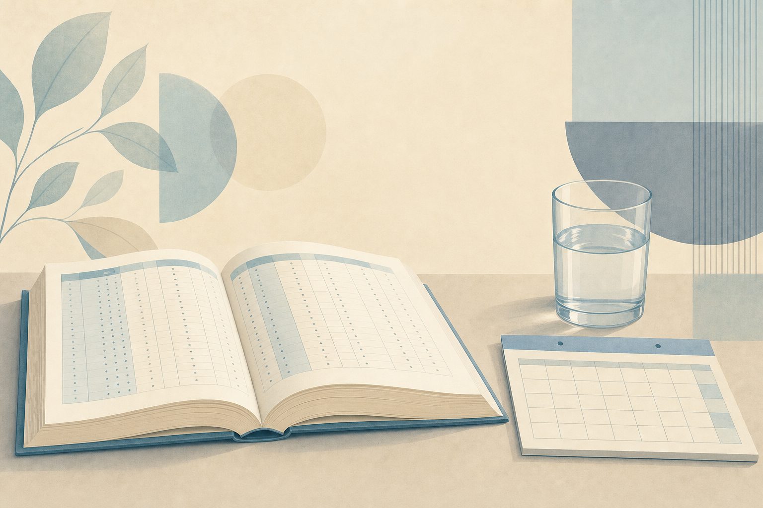 An open reference book beside a calendar and a small glass of water on a plain desk