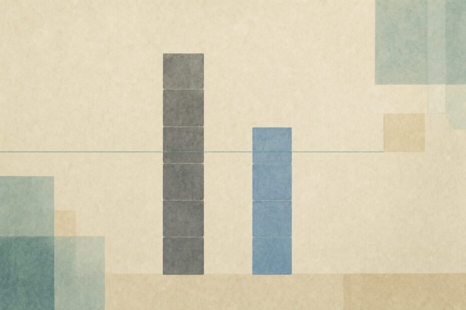 A grey column of square blocks beside a shorter blue one, with a level line across both