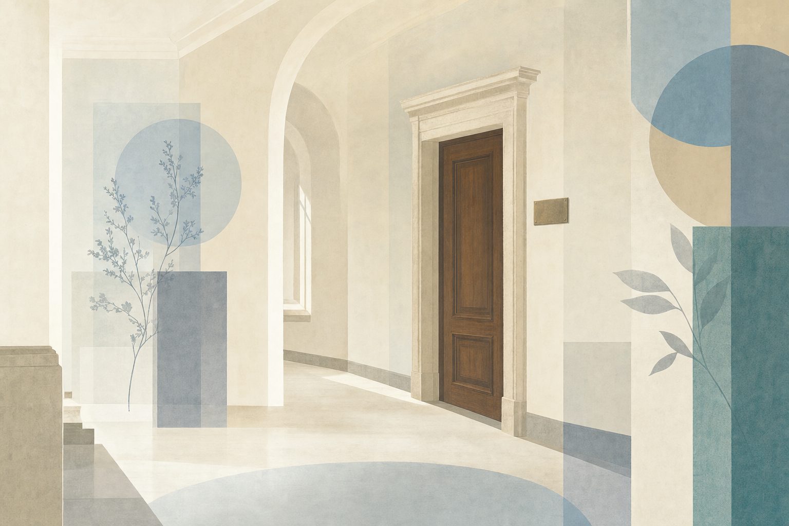 A quiet university corridor with a wooden door and a brass nameplate, soft daylight